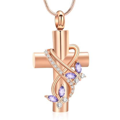 Imrsanl Butterfly Cross Urn Necklace for Ashes Men Women Cremation Jewelry Ashes Pendant for Human Memorial Ash Jewelry - color: Rose Purple