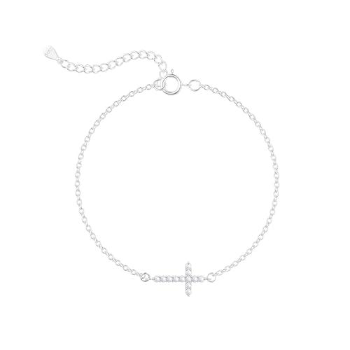 Moodear Cross Bracelet for Women, Dainty Sterling Silver/Gold Plated Gift | Christian Religious Gifts for Teen, Stocking Stuffers, Adjustable Link Bracelets, Sparkling CZ Cross, Non Tarnish Jewelry - color: Sterling Silver CZ Cross Bracelet