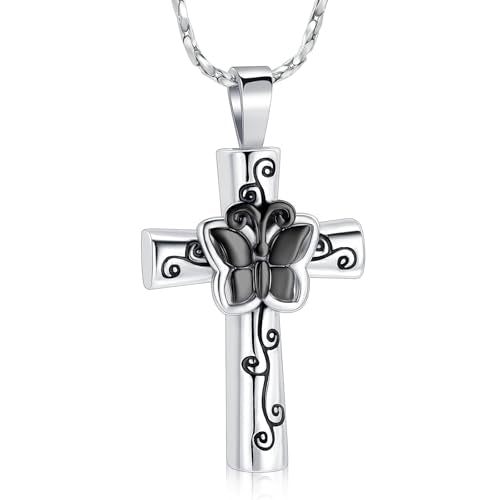 Butterfly Cross Urn Necklace for Ashes Birthstone Cremation Jewelry for Men Women Ashes Pendant Keepsake Memorial Ash Jewelry - color: Black