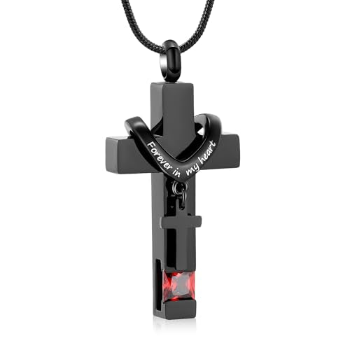 Cross Cremation Jewelry Urn Necklace for Human Ashes for Women Men Memorial Ashes Keepsake Birthstone Pendant - color: Black-Red