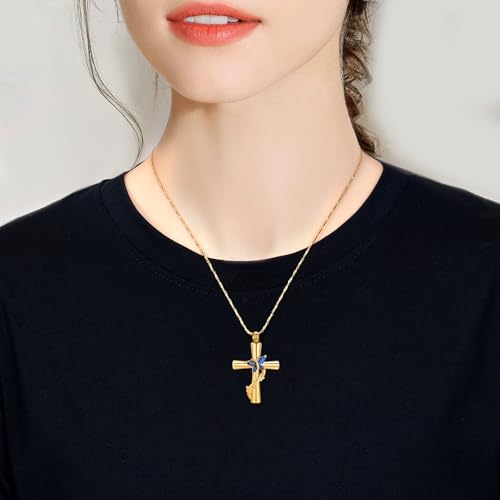 Imrsanl Cross with Butterfly Urn Necklaces for Ashes for Women - color: Gold Blue