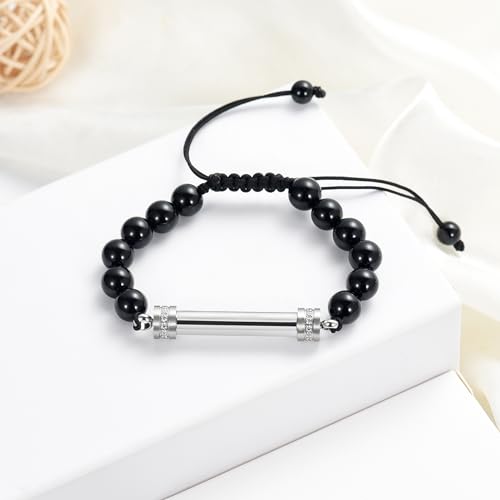 Cylinder Cremation Bracelet for Ashes Urn Jewelry Stainless Steel Memorial Keepsake Urn Bracelet Bangle Ashes Holder - color: Adjustable Bead Bracelet-Silver