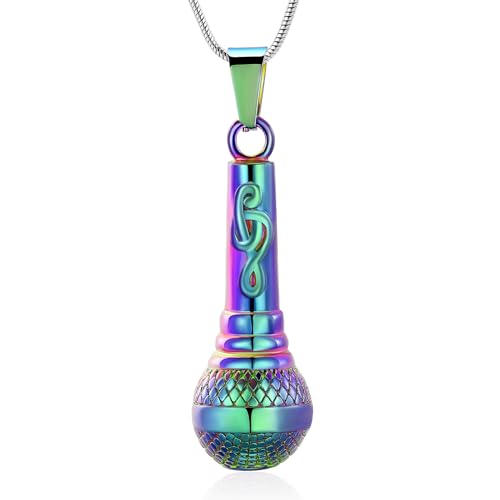 Microphone Urn Necklaces for Ashes Music Cremation Jewelry for Women Men Stainless Steel Memorial Necklace Ash Holder for Human Pets Keepsake Jewelry for Music Lover Ashes with Fill Tool - color: Rainbow