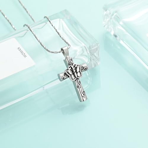 Butterfly Cross Urn Necklace for Ashes Birthstone Cremation Jewelry for Men Women Ashes Pendant Keepsake Memorial Ash Jewelry - color: Silver