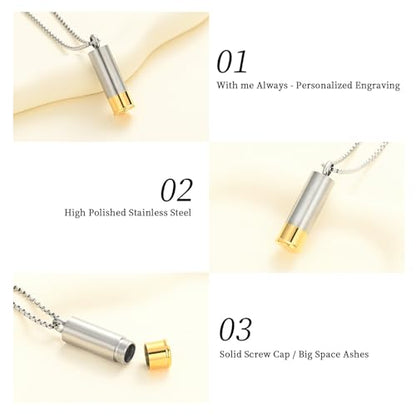 Oinsi Shotgun Shell Cremation Jewelry Urn Necklace For Ashes Of Loved Ones -Dad/Mom/Son/Grandma/Grandpa Cylinder Memorial Locket Pendant Necklace - color: Silver