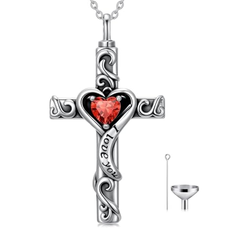 TOUPOP Cross Urn Necklaces for Ashes Birthstone Cremation Jewelry 925 Sterling Silver Cross Memorial Keepsake Jewelry for Women (with Funnel Filler) - color: 07-July-Ruby