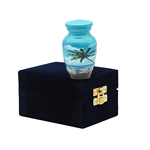 HLC Blue Beach Small Keepsake - Keepsake Urn with 1 Velvet Box Bag-Mini Keepsake Urn - Ashes Urn 3" H x 2.5" W x 2.5" L