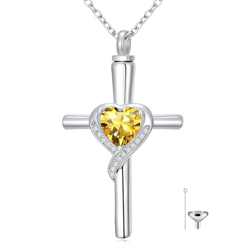 TOUPOP Cross Urn Necklaces for Ashes Birthstone Cremation Jewelry 925 Sterling Silver Cross Memorial Keepsake Funeral Jewelry for Women (with Funnel Filler) - color: 11-November-Citrine