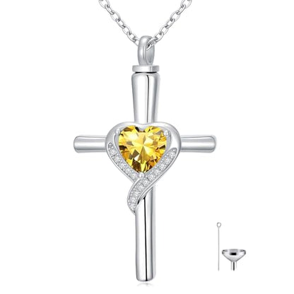TOUPOP Cross Urn Necklaces for Ashes Birthstone Cremation Jewelry 925 Sterling Silver Cross Memorial Keepsake Funeral Jewelry for Women (with Funnel Filler) - color: 11-November-Citrine