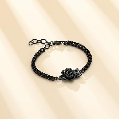 Minicremation Women's Adjustable Rose Urn Bracelet Ashes Holder Memorial Elegant Link Chain Keepsake Cremation Bangle to Hold Ashes - color: Black-A