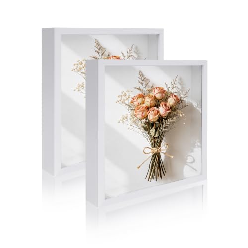 2 Pack 10x10 Shadow Box Frame Deep Shadow Boxes Display Cases with Stand | Wood Shadowbox Display on Tabletop or Wall for Dried Flowers, Photos, Handicrafts, Keepsake,Picture - color: White, size: 10"x 10"