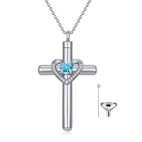 AOBOCO Cross Necklace for Ashes, Sterling Silver Birthstone Cross Urn Necklaces for Ashes Embellished with Crystals from Austria Keepsake Cremation Jewelry for Pet Human Ashes - color: 03-aquamarine-Mar