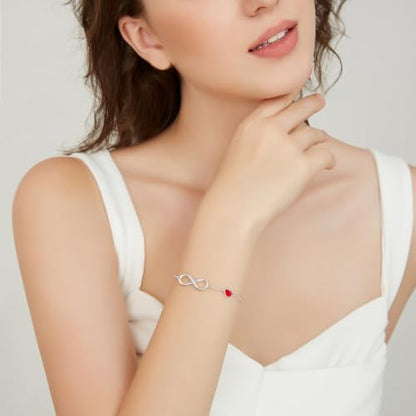 CDE 925 Sterling Silver Infinity Birthstone Bracelet Jewelry Gift for Women | Hypoallergenic,Non Tarnish,Heart CZ,Nickel-Free & Lead-Free,Anniversary Christmas Birthday Idea Gifts for Wife Girlfriend Her - color: Crystal-Red