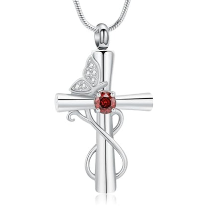 Butterfly Cross Cremation Jewelry Urn Necklaces Cross Butterfly Urn Necklaces for Ashes Memorial Keepsake Pendant for Women Men Gifts With Funnel Kit & Bag - color: Silver+Red