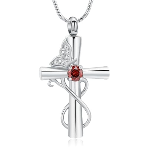 Butterfly Cross Cremation Jewelry Urn Necklaces Cross Butterfly Urn Necklaces for Ashes Memorial Keepsake Pendant for Women Men Gifts With Funnel Kit & Bag - color: Silver+Red