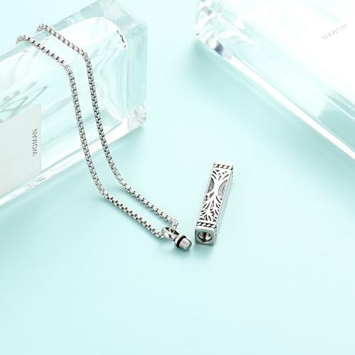 Tree of Life Urn Necklace, Stainless Steel Memorial Ashes Pendant | Tree of Life Cremation Jewelry Stainless Steel Locket Vertical Bar Keepsake Necklace Jewelry for Women Men Human Ashes - color: Silver