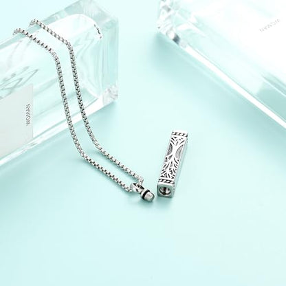 Tree of Life Urn Necklace, Stainless Steel Memorial Ashes Pendant | Tree of Life Cremation Jewelry Stainless Steel Locket Vertical Bar Keepsake Necklace Jewelry for Women Men Human Ashes - color: Silver