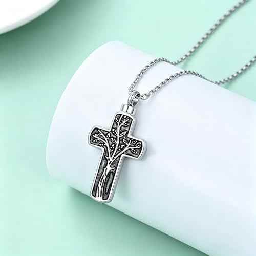 Cremation Cross Urn Necklace for Ashes Tree of Life Dad/Mom/Grandma Stainless Steel Urn Pendant Ashes Holder Memorial Jewelry - style: Cross style 01