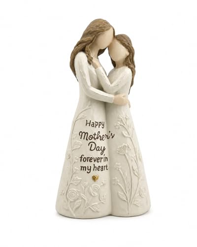 iStatue Best Gift for Mom from Daughter, Hand-Painted Mother and Daughter Figurine - Happy Mother’s Day Forever in My Heart Resin Statue Heartwarming Birthday Gift, Home Decor (Beige)