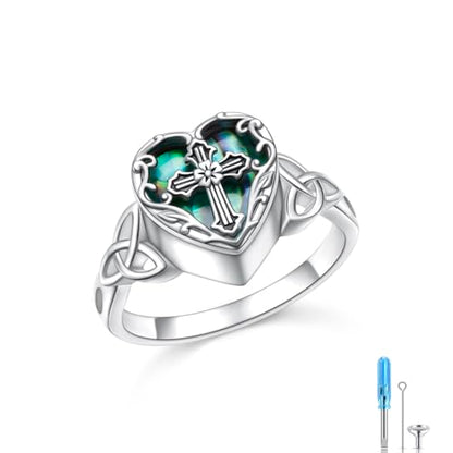 925 Sterling Silver Keepsake Cremation Urn Rings for Ashes | Sunflower Cross Celtic Knot Heart Abalone Shell Moonstone Ring Memorial Jewelry Gift for Christmas Anniversary Birthday - color: Cross celtic knot