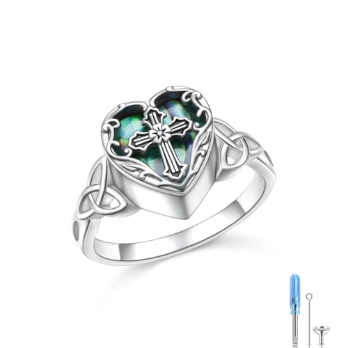 925 Sterling Silver Keepsake Cremation Urn Rings for Ashes | Sunflower Cross Celtic Knot Heart Abalone Shell Moonstone Ring Memorial Jewelry Gift for Christmas Anniversary Birthday - color: Cross celtic knot