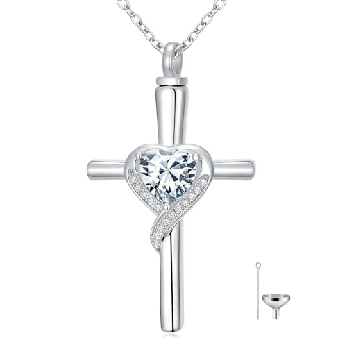 TOUPOP Cross Urn Necklaces for Ashes Birthstone Cremation Jewelry 925 Sterling Silver Cross Memorial Keepsake Funeral Jewelry for Women (with Funnel Filler) - color: 04-April-Synthetic Diamond
