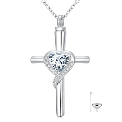 TOUPOP Cross Urn Necklaces for Ashes Birthstone Cremation Jewelry 925 Sterling Silver Cross Memorial Keepsake Funeral Jewelry for Women (with Funnel Filler) - color: 04-April-Synthetic Diamond