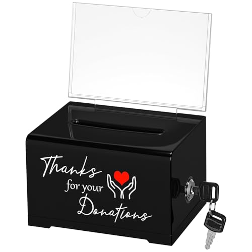 Havawish Black Donation Box with Lock, 6.3 x 4.72 x 3.94 Inches Acrylic Box Storage Container with Sign Cash Drop with 2 Keys for Fundraising Thanks for Your Donations Jar for Church Office - color: Black