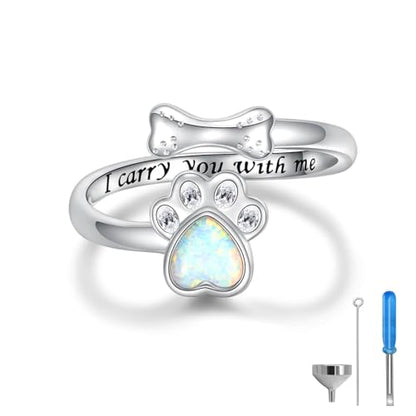 Sterling Silver Dog Urn Ring for Ashes Women Cremation Keepsake Dog Ashes - color: Opal