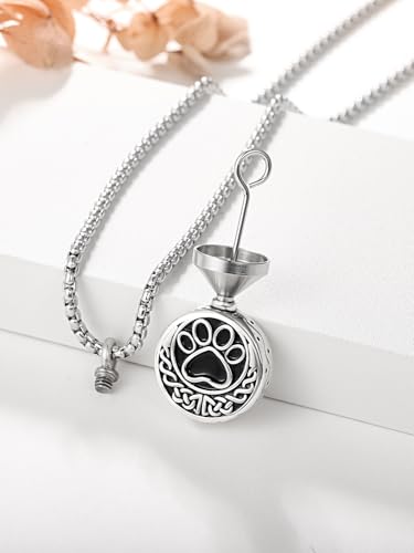 TANGPOET Paw Print Urn Necklace For Pet Ashes, Dog Cat Ashes Necklace for Men Women, 925 Sterling Silver Cremation Keepsake Memorial Jewelry Gifts - style: Round