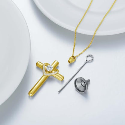 AOBOCO Cross Necklace for Ashes, Sterling Silver Birthstone Cross Urn Necklaces for Ashes Embellished with Crystals from Austria Keepsake Cremation Jewelry for Pet Human Ashes - color: 04-diamond-Apr-18k Gold-Plated