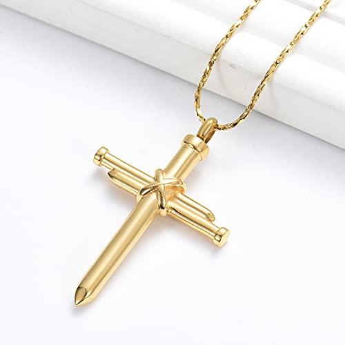 Imrsanl Cremation Jewelry Nail Cross Urn Necklace Pendant | For Humen Pet Ashes, Religious Cross Keepsake, Memorial Loved Ones Ash Holder, For Men Women - color: Gold