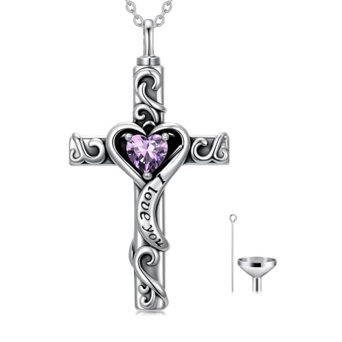 TOUPOP Cross Urn Necklaces for Ashes Birthstone Cremation Jewelry 925 Sterling Silver Cross Memorial Keepsake Jewelry for Women (with Funnel Filler) - color: 02-February-Amethyst