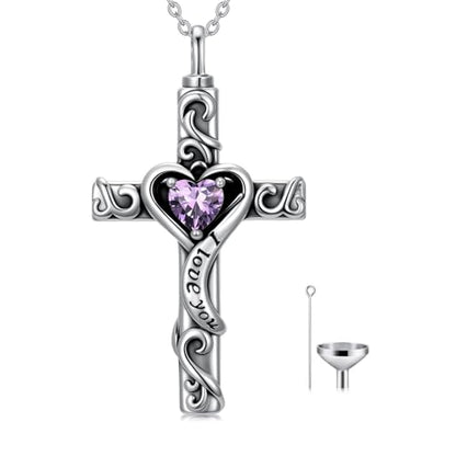 TOUPOP Cross Urn Necklaces for Ashes Birthstone Cremation Jewelry 925 Sterling Silver Cross Memorial Keepsake Jewelry for Women (with Funnel Filler) - color: 02-February-Amethyst