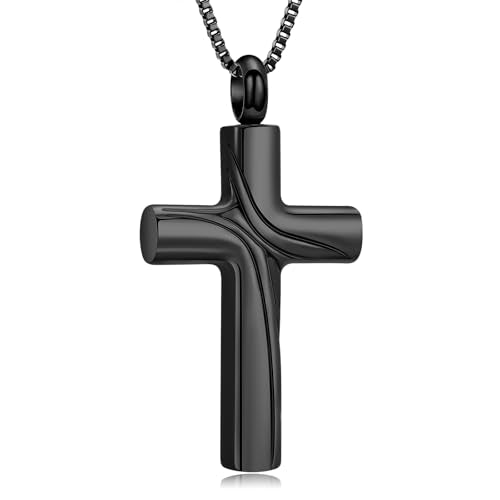 XSMZB Cross Cremation Jewelry Memorial Pendant Urn Necklace for Ashes of Loved One Funeral Ashes Keepsake Necklaces for Men Women - color: Black