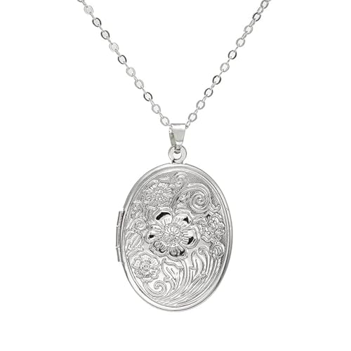 Silver Photo Locket Necklaces for Womens Custom Lockets that Hold Pictures Necklace Personalized Flower Locket Necklaces for Women Memory Gifts Necklaces for Loss Loved Ones - color: silver
