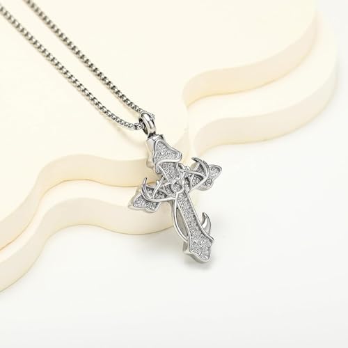 zeqingjw Cross Urn Necklace Fish Hook Cremation Jewelry for Ashes Pendant Stainless Steel Deer Antler Cross Memorial Human Pet Keepsake Ashes Holder for Men Women - color: Z-Silver