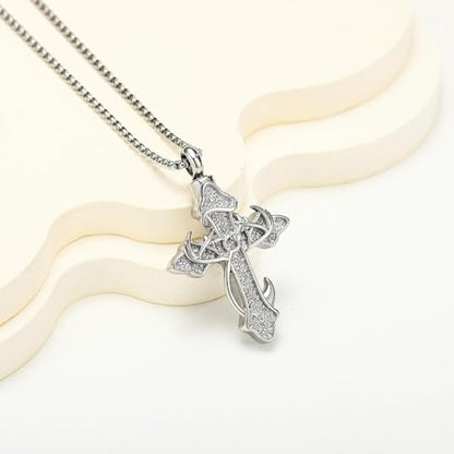 zeqingjw Cross Urn Necklace Fish Hook Cremation Jewelry for Ashes Pendant Stainless Steel Deer Antler Cross Memorial Human Pet Keepsake Ashes Holder for Men Women - color: Z-Silver