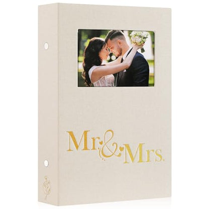 Lanpn Wedding Photo Album 4x6 300 Pocket Photos Slip in, Linen Cover Large Capacity Newlywed Marriage Window Album Hold 300 Horizontal Photos (Mr & Mrs, Beige) - color: Beige, size: 300 Photos