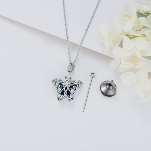 AOBOCO Heart URN Necklace S925 Sterling Silver Cremation Necklaces for Ashes Embellished with Crystals from Austria, Fine Keepsake Memorial Jewelry (Package including a Necklace/Pin/Funnel) - style: C4-Butterfly Ashes Necklace Blue