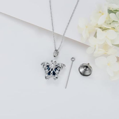 AOBOCO Heart URN Necklace S925 Sterling Silver Cremation Necklaces for Ashes Embellished with Crystals from Austria, Fine Keepsake Memorial Jewelry (Package including a Necklace/Pin/Funnel) - style: C4-Butterfly Ashes Necklace Blue