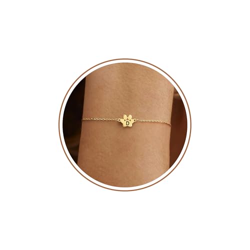 Dog Memorial Gifts for Loss of Dog Paw Initial Bracelet for Women with Heart Dogs Mom Gifts Adjustable Pet Paw Gold Bracelets for Women Memorial Gift for Pet Lover Birthday Jewelry - style: single dog paw D