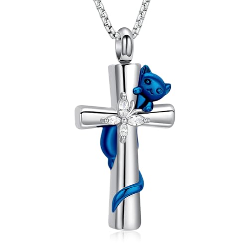 Oinsi Cross Urn Necklace for Ashes for Men Women Cremation Jewelry Cat Memorial Pendant Ashes Keepsake Human Pet Ashes Holder - color: Blue