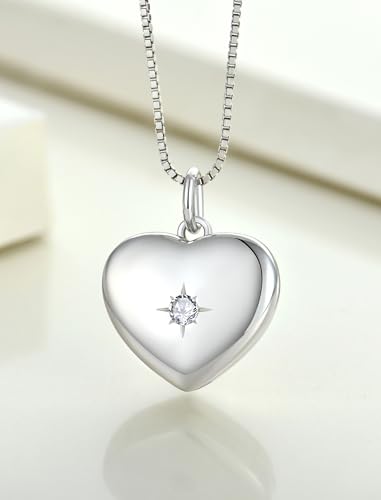 YL Heart Locket Picture Necklace Sterling Silver Personalized Photo Pendant Birthstone Jewelry for Women - color: 04-diamond-Apr