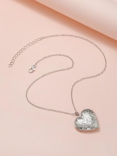 DIY Heart Locket Necklace with Engraved Floral Design, Openable Photo Frame Pendant for Women, Adjustable Chain for Layering（Silve） - color: Silver