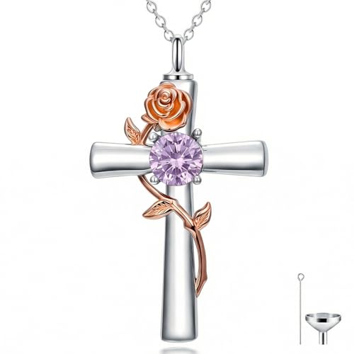 YYB Rose Flower Urn Necklaces Cross Birthstone Cremation Jewelry for Ashes Memorial Keepsake Funeral Pendant for Women - color: 06-Jun-Alexandrite