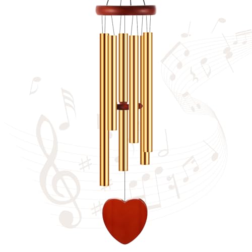 Leinuosen Wind Chimes for Outside Wind Chimes Outdoors Deep Tones 28" with 6 Aluminum Tubes Memorial Sympathy Windchime for Valentine Tree Decor Garden Courtyard Mom Loved One Gifts(Heart,Gold) - color: Gold, style: Heart