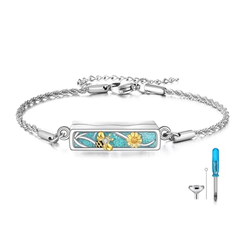 Tree of Life/Bee/Paw Urn Bracelet for Ashes 925 Sterling Silver Abalone Shell/Turquoise Cremation Bracelet Keepsake Locket Jewelry for Women - color: Bee