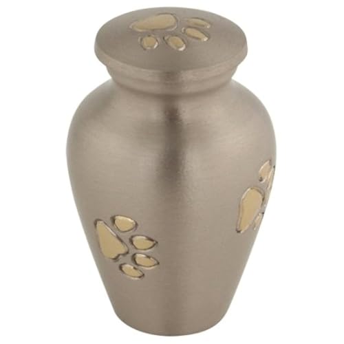 Pewter with Gold Paw Prints Pet Keepsake Cremation Urn for Ashes, Brass, Silver Urn, Dog Urn, Cat Urn, Keepsake Sized Pet Urn, 2.5 Inches High - color: Pewter Silver