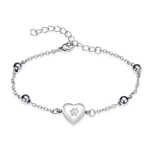 zeqingjw Pet Paw Urn Bracelet for Ashes Adjustable Heart Cremation Bracelet for Pets Ashes Stainless Steel Dog Cat Cremation Jewelry Memorial Keepsake Gift - color: Paw-Silver